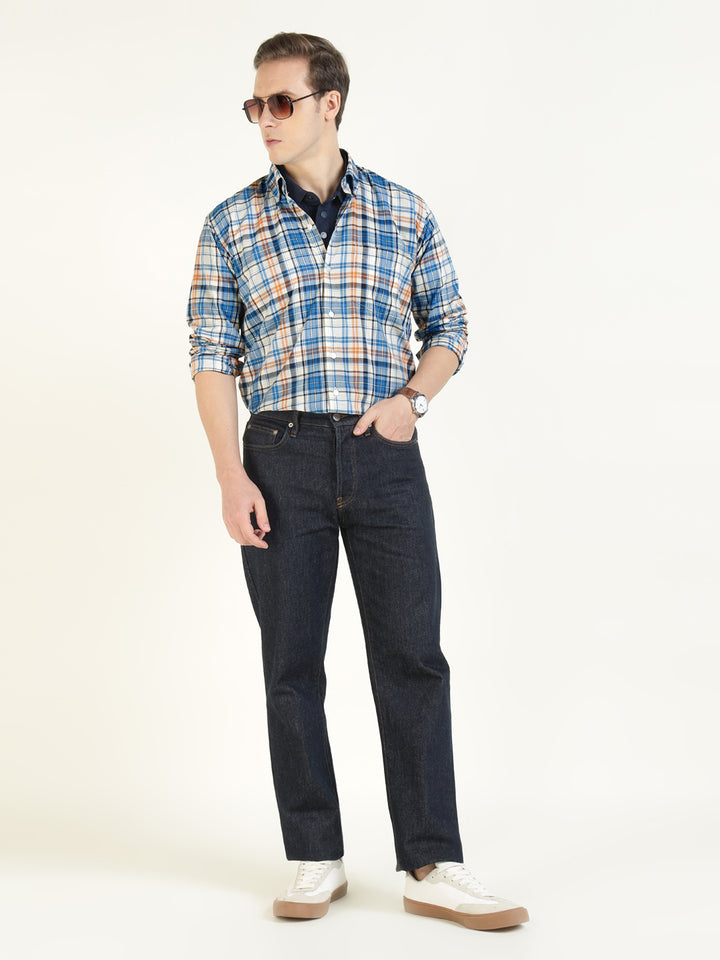 Hancock Men Cream & Blue Checked Pure Cotton Slim Fit Casual Shirt