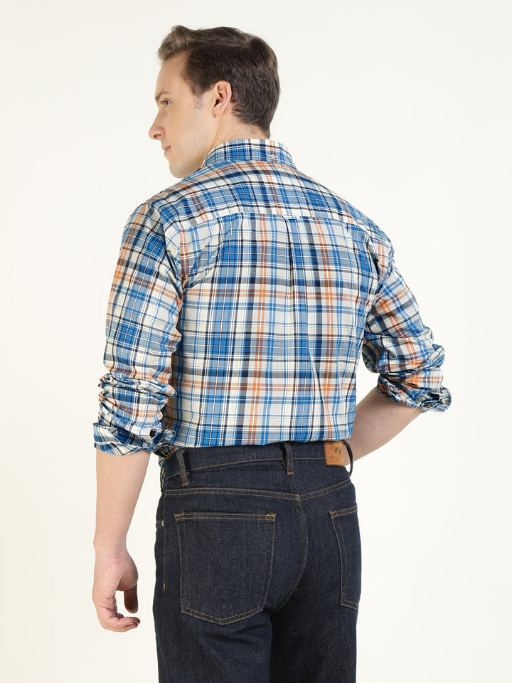 Hancock Men Cream & Blue Checked Pure Cotton Slim Fit Casual Shirt