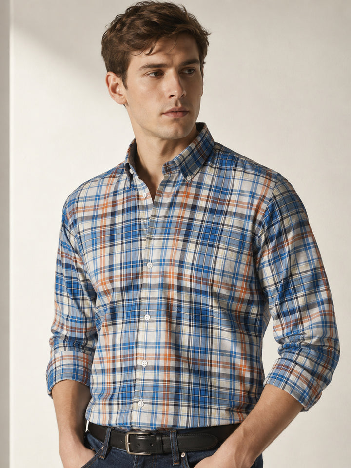 Men Cream & Blue Checked Pure Cotton Slim Fit Casual Shirt