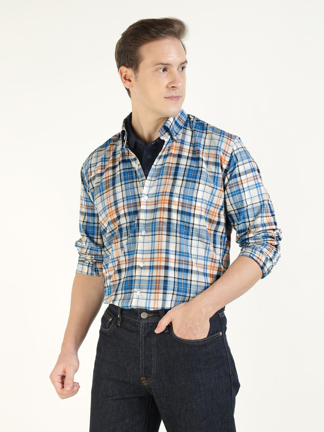 Hancock Men Cream & Blue Checked Pure Cotton Slim Fit Casual Shirt