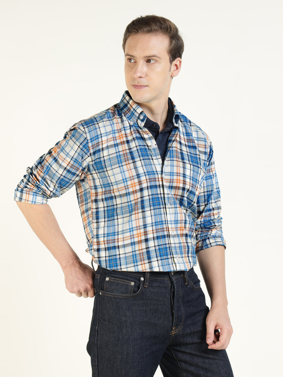 Hancock Men Cream & Blue Checked Pure Cotton Slim Fit Casual Shirt