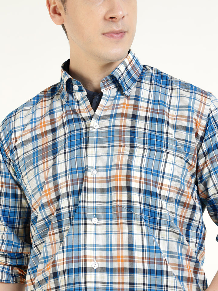 Hancock Men Cream & Blue Checked Pure Cotton Slim Fit Casual Shirt