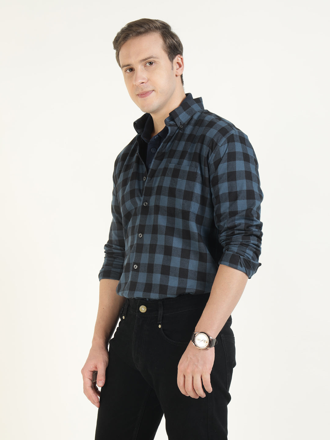 Hancock Men Blue & Navy Blue Checked Pure Cotton Slim Fit Casual Shirt