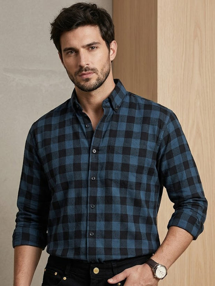 Men Blue & Navy Blue Checked Pure Cotton Slim Fit Casual Shirt