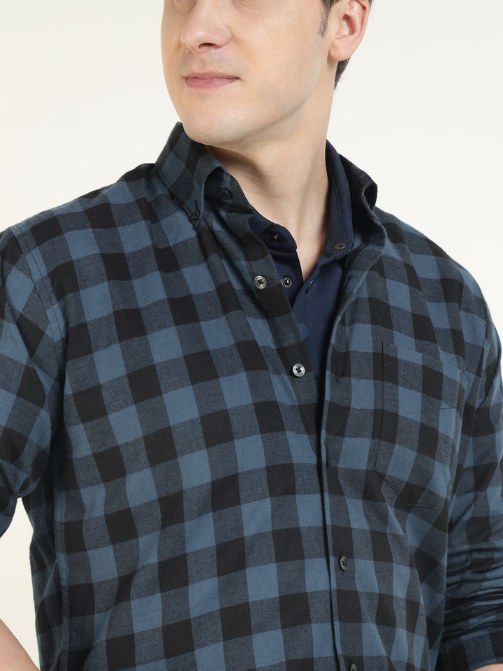 Hancock Men Blue & Navy Blue Checked Pure Cotton Slim Fit Casual Shirt