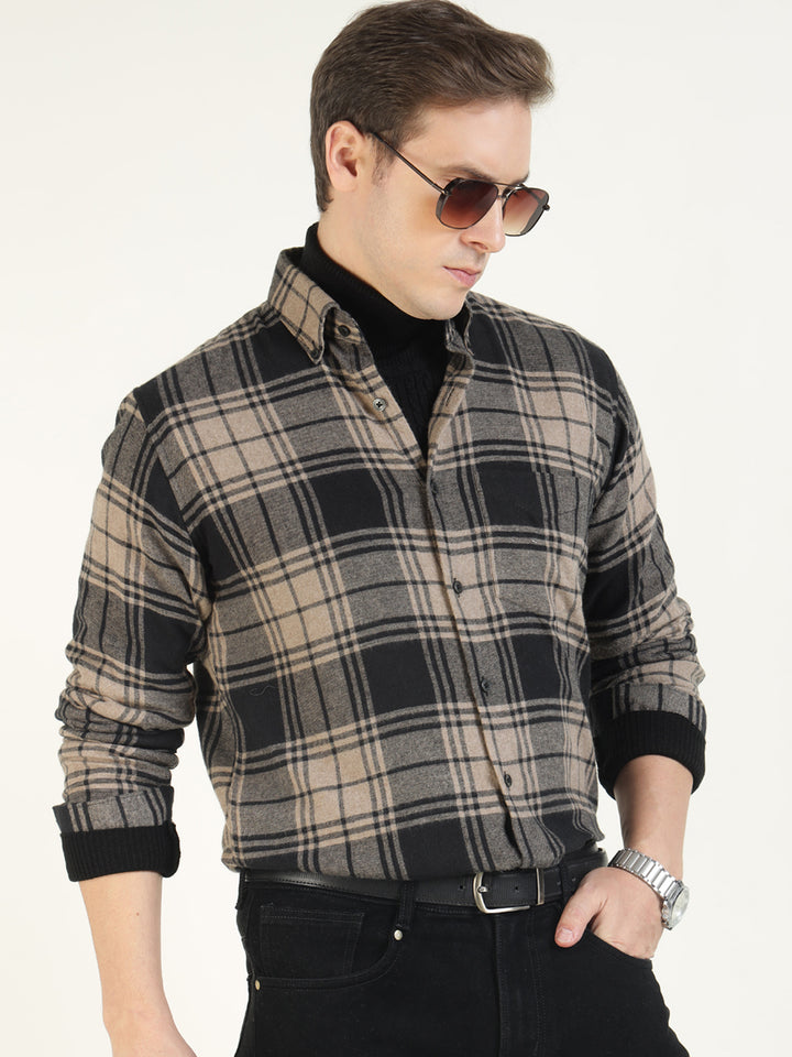 Hancock Men Beige & Black Checked Pure Cotton Slim Fit Casual Shirt