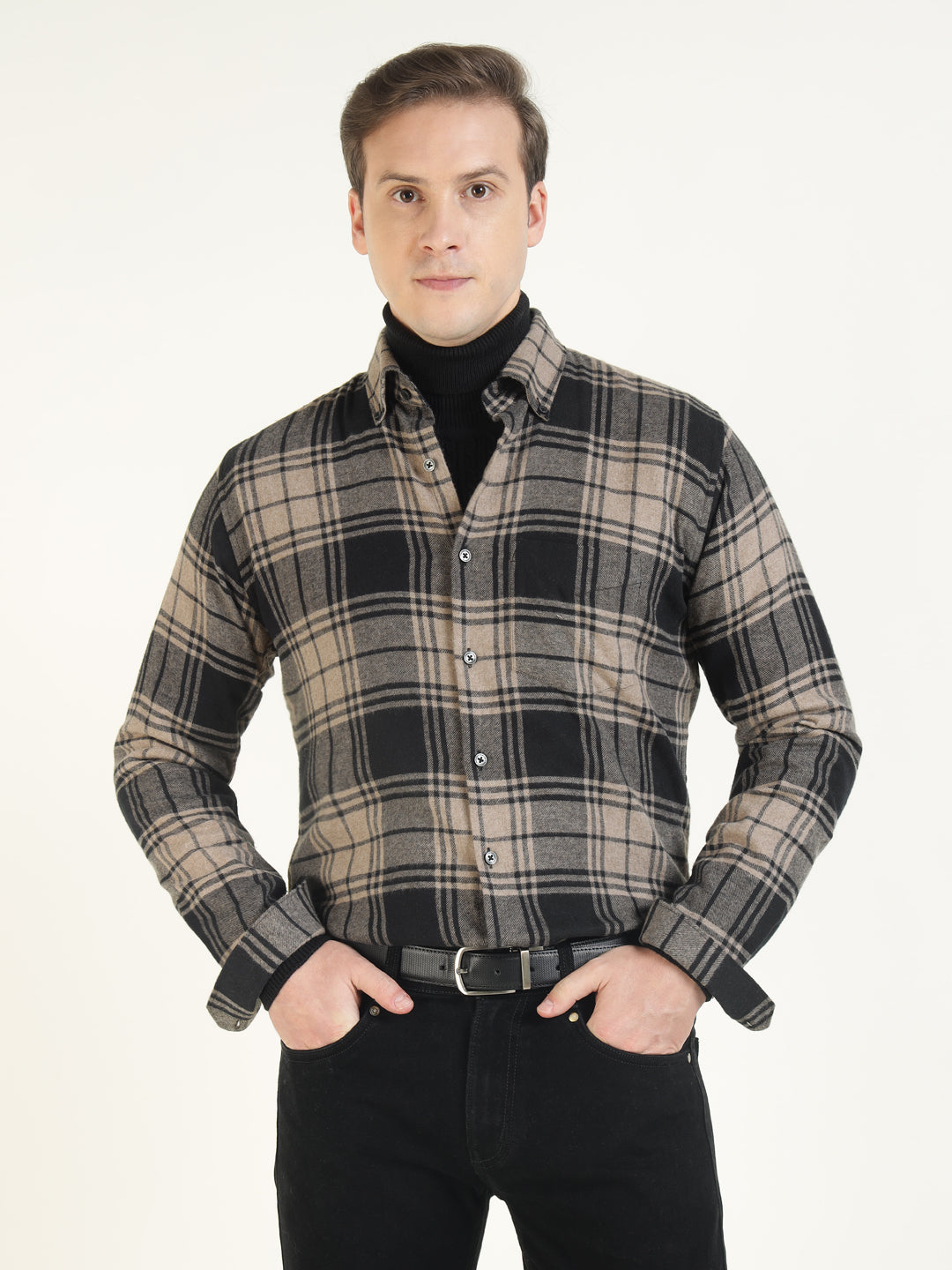 Hancock Men Beige & Black Checked Pure Cotton Slim Fit Casual Shirt