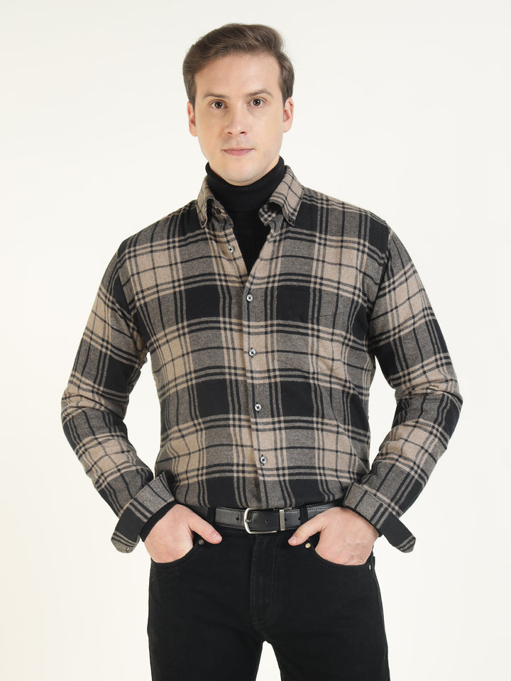Hancock Men Beige & Black Checked Pure Cotton Slim Fit Casual Shirt