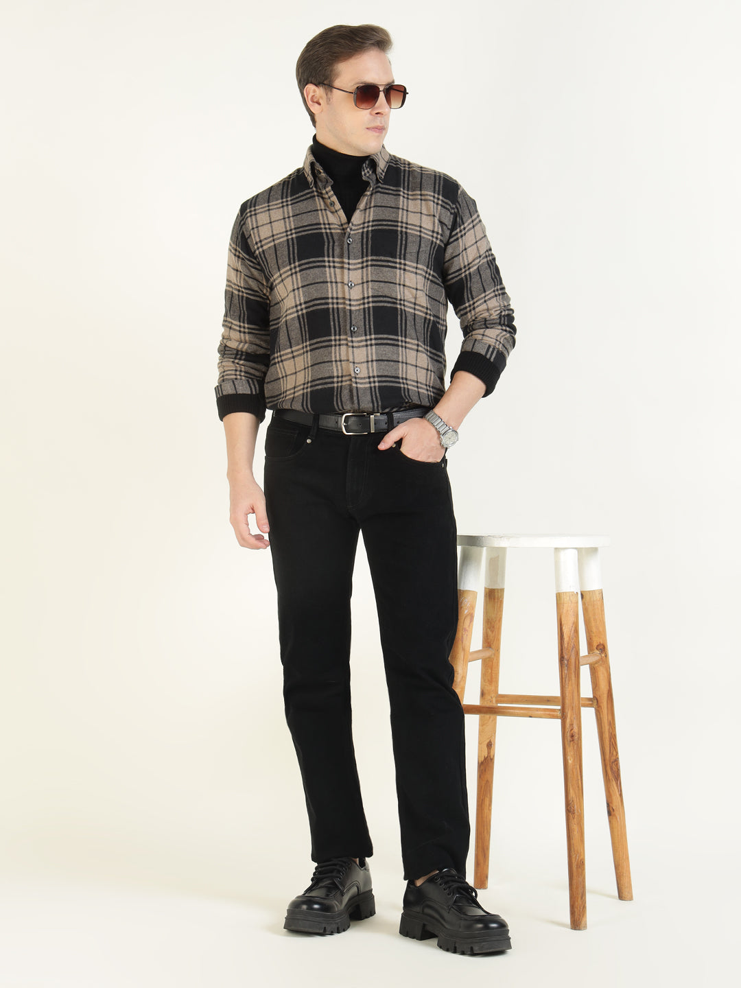 Hancock Men Beige & Black Checked Pure Cotton Slim Fit Casual Shirt