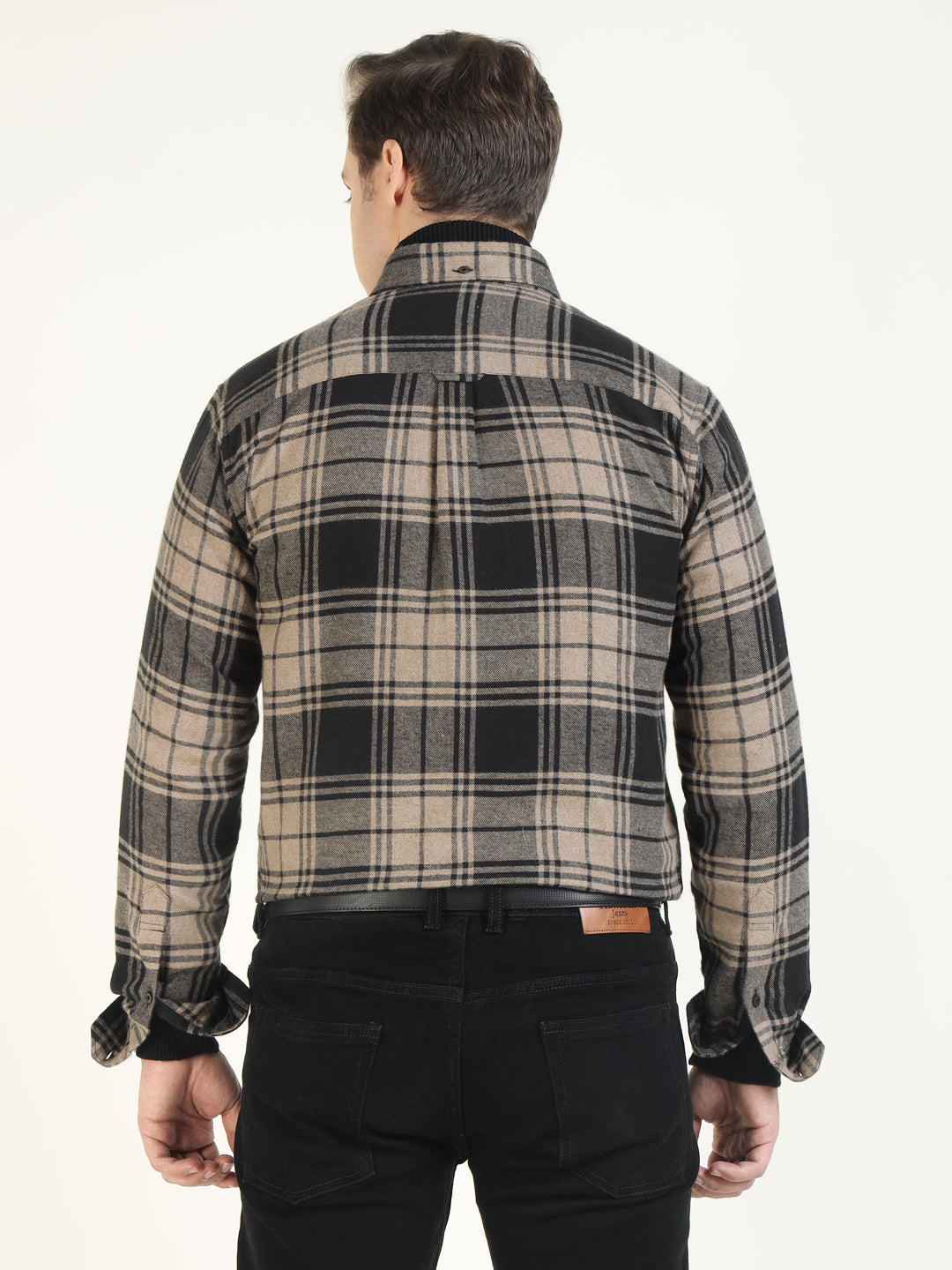 Hancock Men Beige & Black Checked Pure Cotton Slim Fit Casual Shirt