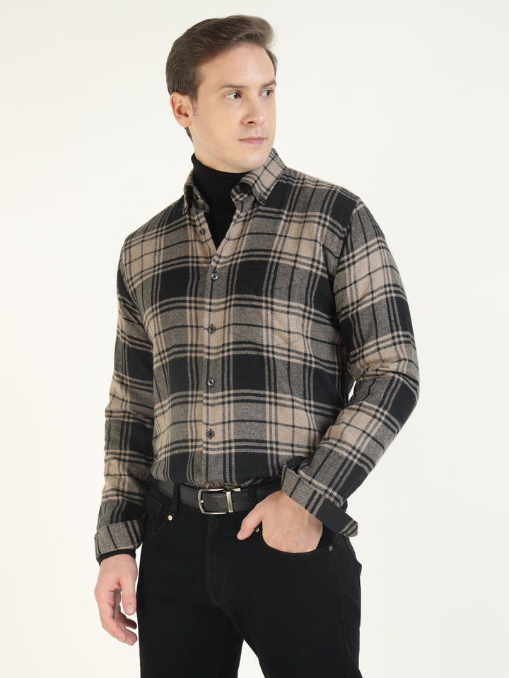 Hancock Men Beige & Black Checked Pure Cotton Slim Fit Casual Shirt