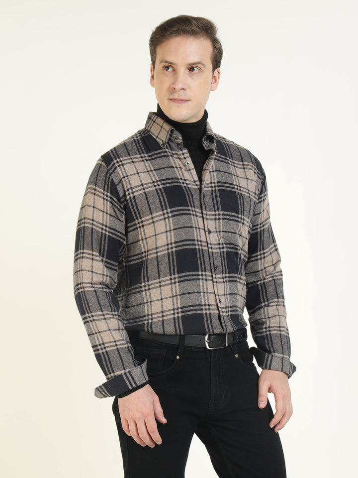 Hancock Men Beige & Black Checked Pure Cotton Slim Fit Casual Shirt