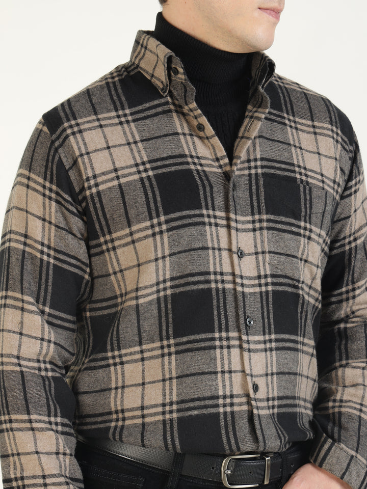 Hancock Men Beige & Black Checked Pure Cotton Slim Fit Casual Shirt