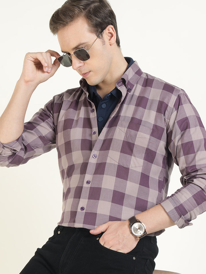 Hancock Men Mauve Checked Pure Cotton Slim Fit Casual Shirt