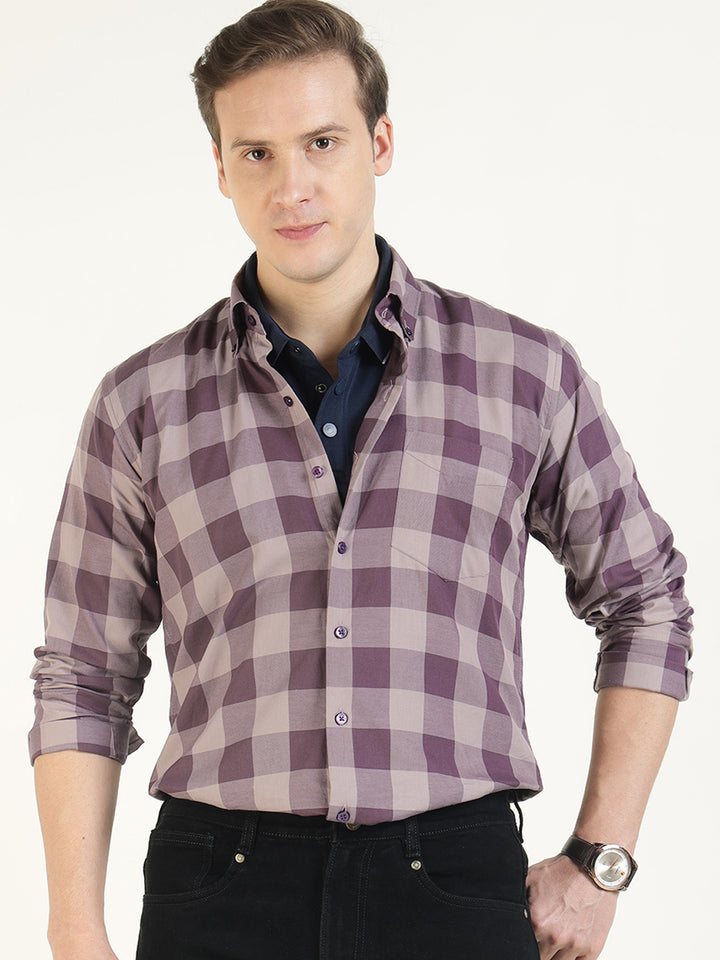 Hancock Men Mauve Checked Pure Cotton Slim Fit Casual Shirt