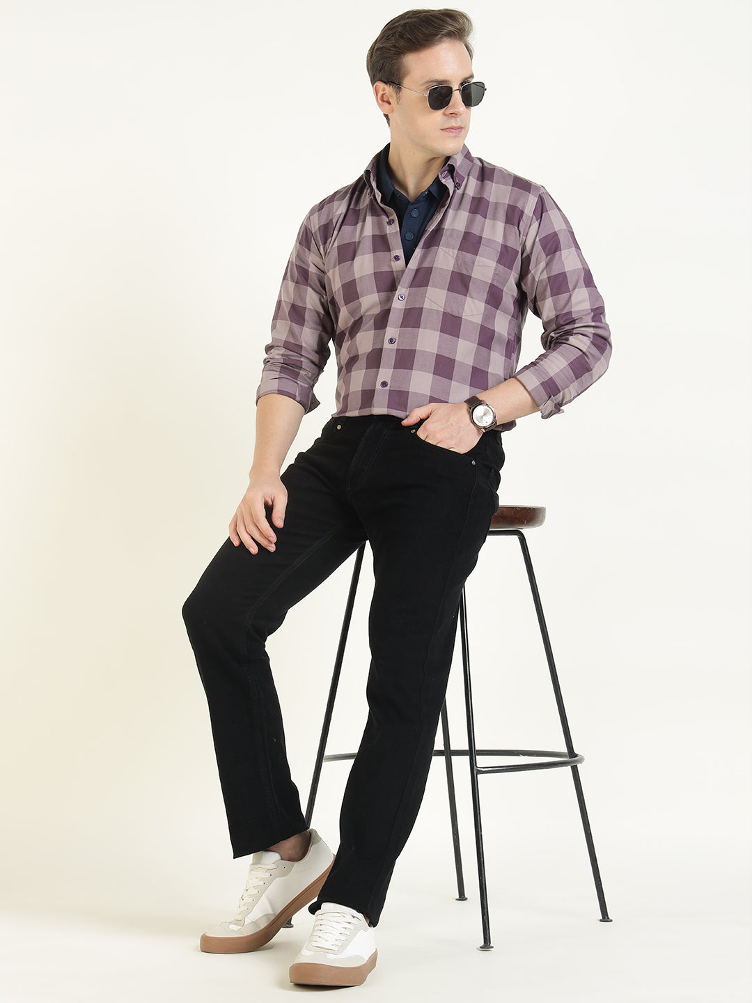 Hancock Men Mauve Checked Pure Cotton Slim Fit Casual Shirt
