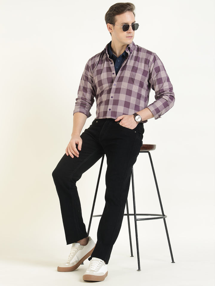 Hancock Men Mauve Checked Pure Cotton Slim Fit Casual Shirt