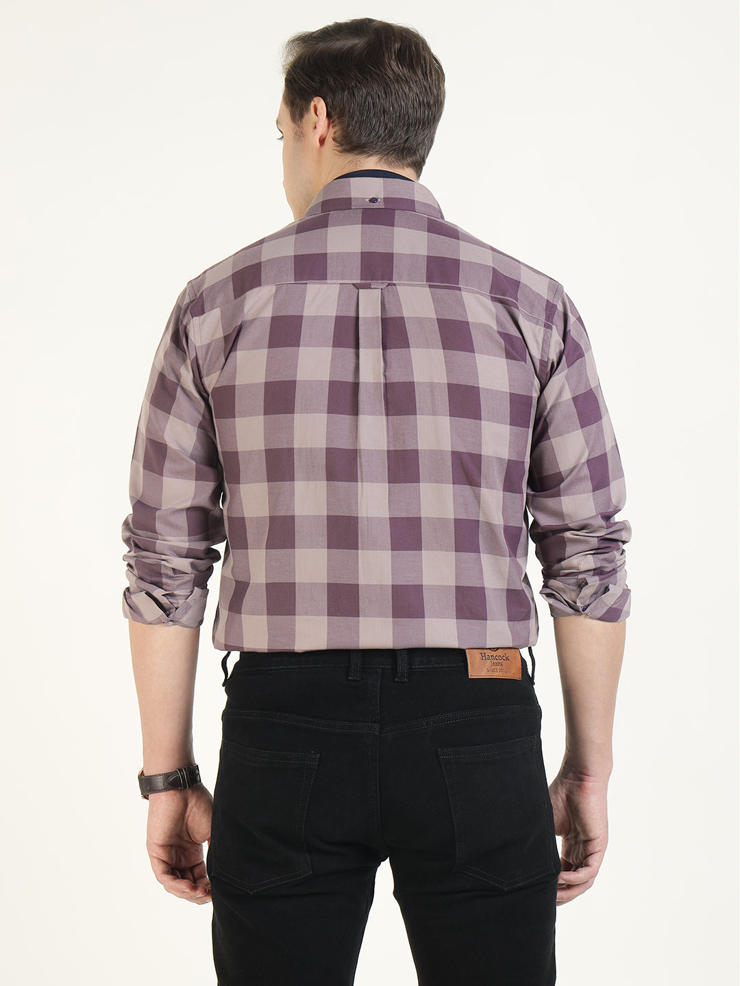 Hancock Men Mauve Checked Pure Cotton Slim Fit Casual Shirt