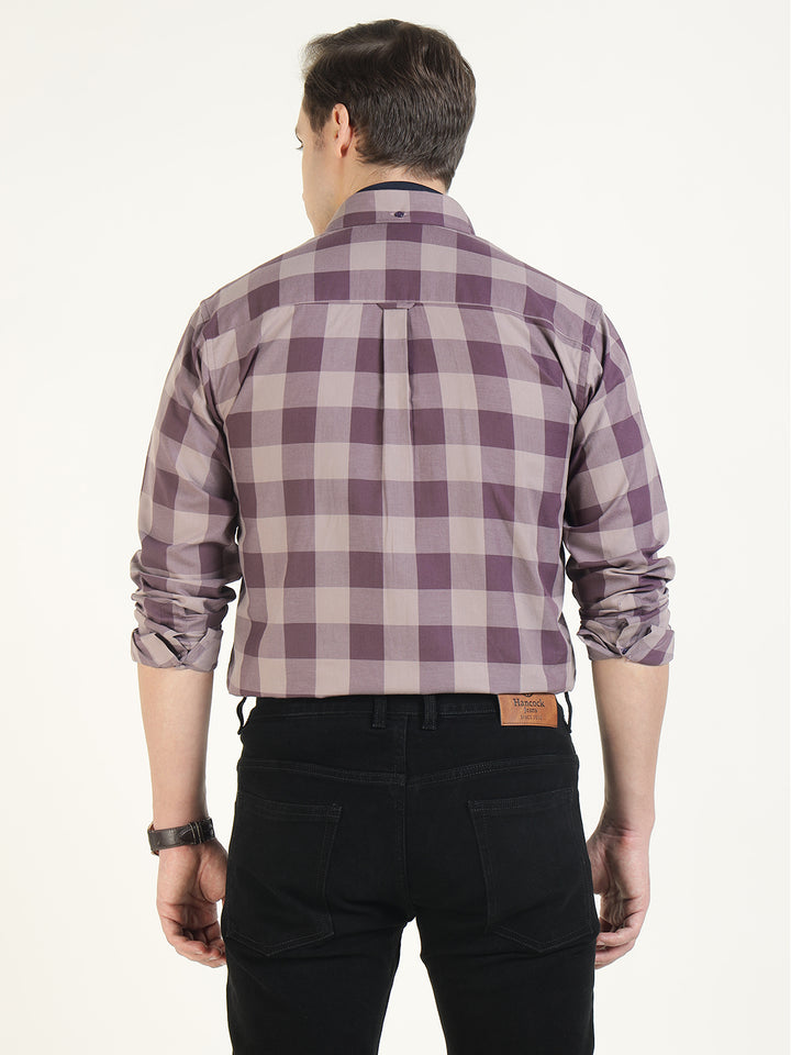 Hancock Men Mauve Checked Pure Cotton Slim Fit Casual Shirt