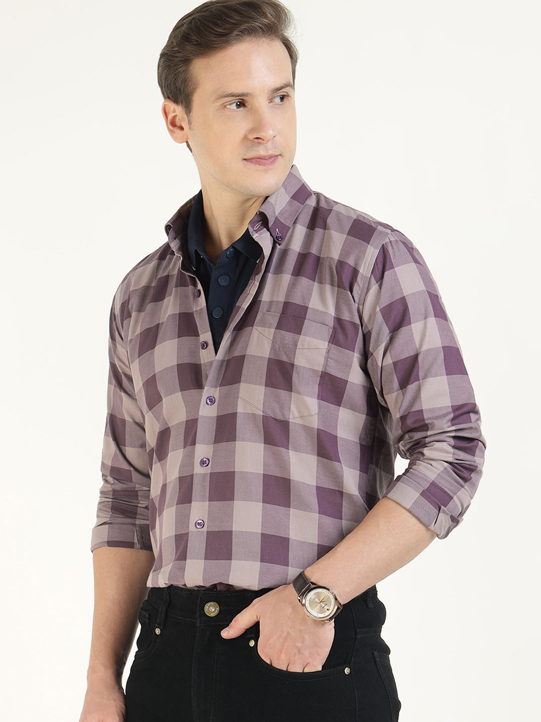 Hancock Men Mauve Checked Pure Cotton Slim Fit Casual Shirt