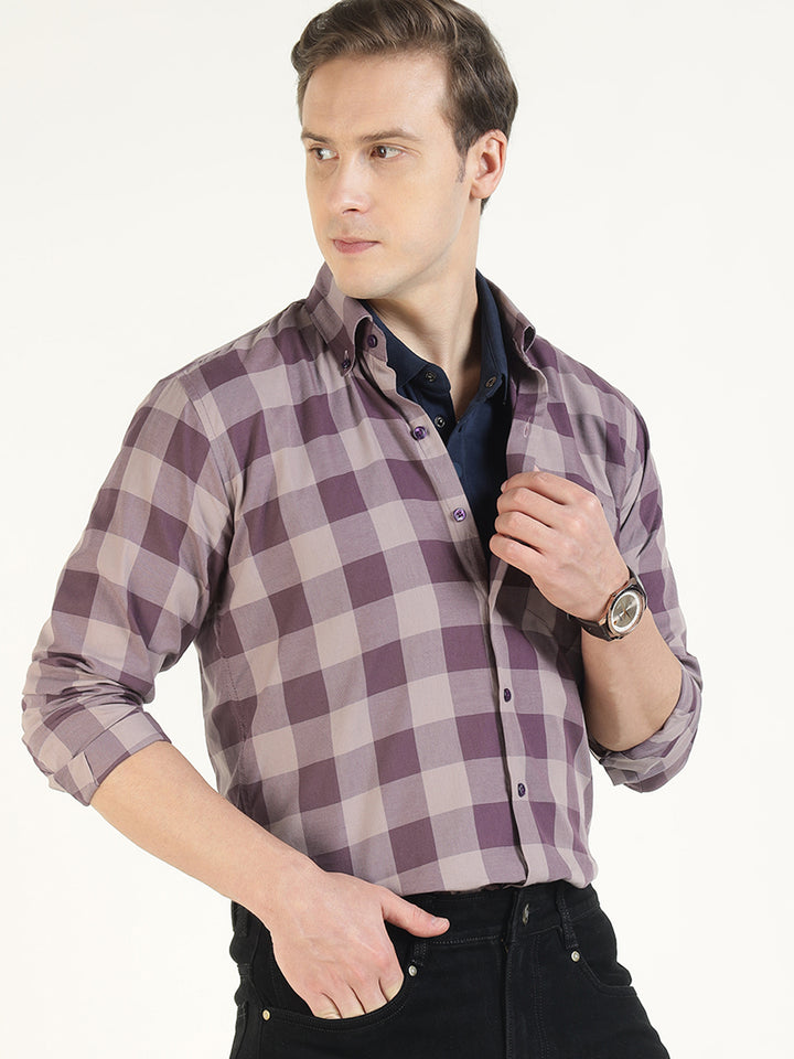 Hancock Men Mauve Checked Pure Cotton Slim Fit Casual Shirt