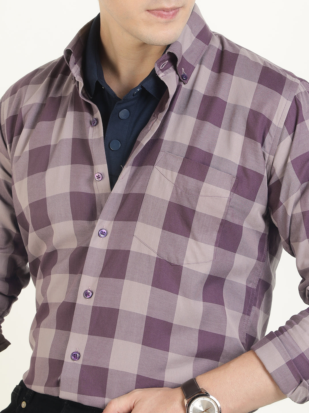 Hancock Men Mauve Checked Pure Cotton Slim Fit Casual Shirt