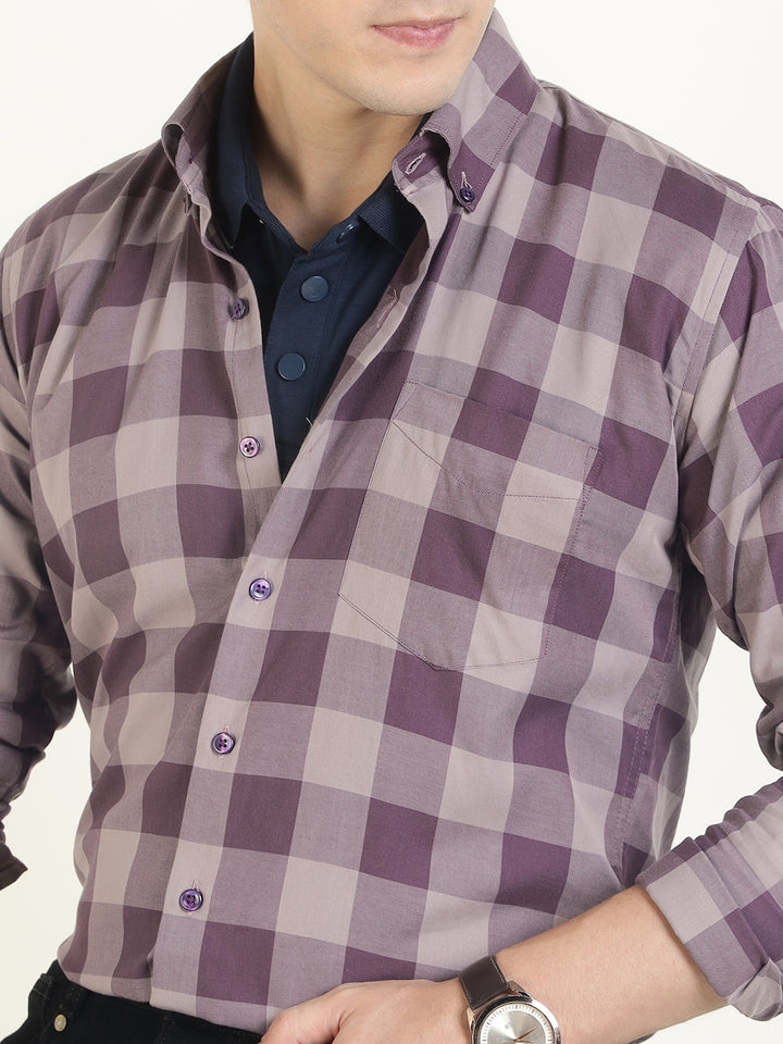 Hancock Men Mauve Checked Pure Cotton Slim Fit Casual Shirt