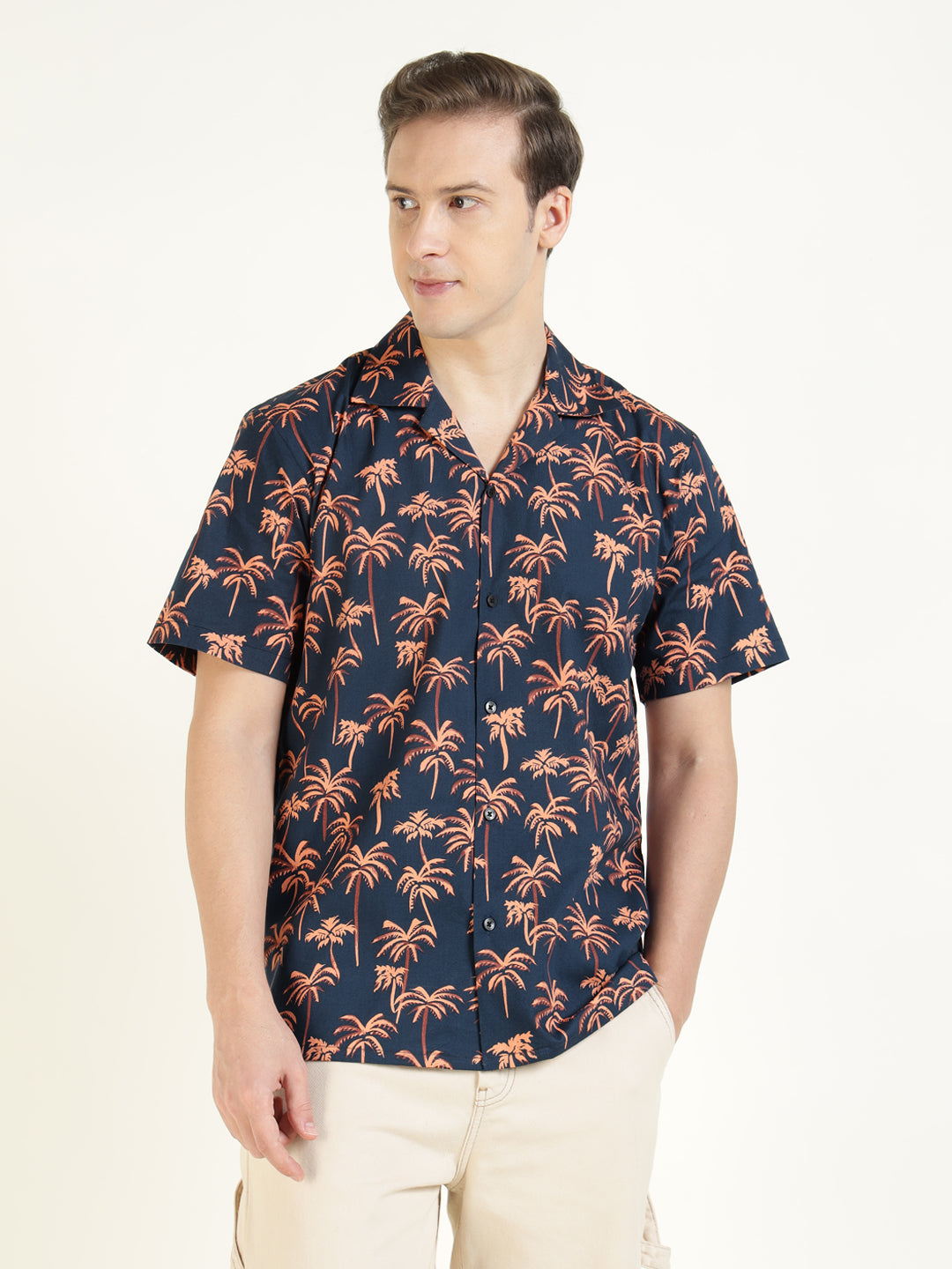 Hancock Men Blue & Peach Printed Cotton Elastene Relaxed Fit Casual Shirt