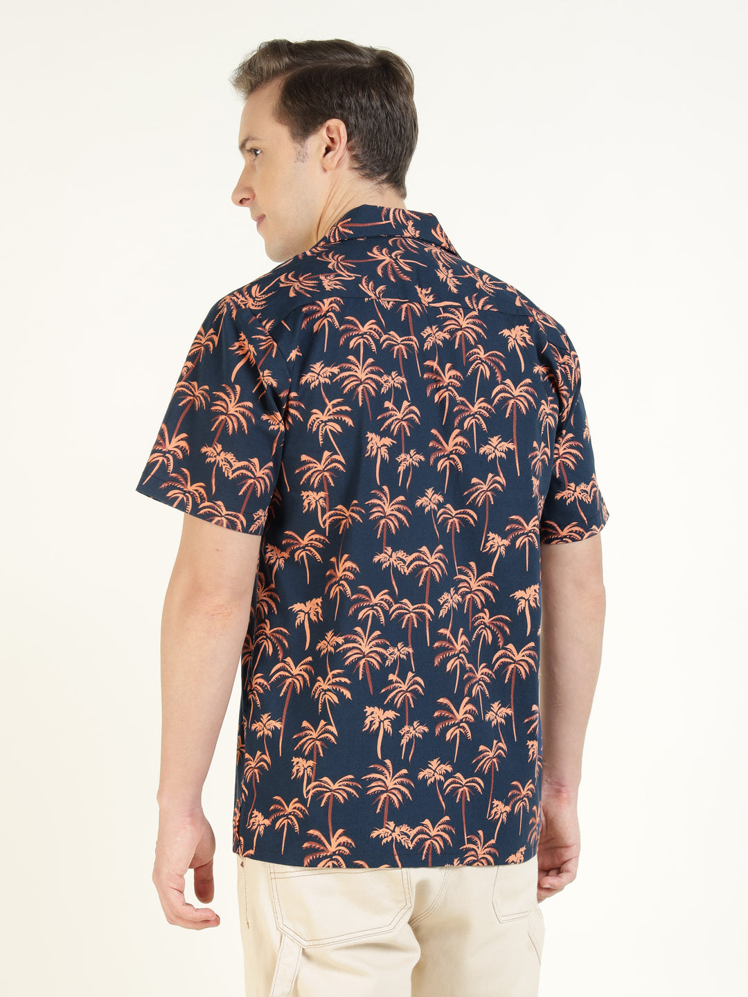 Hancock Men Blue & Peach Printed Cotton Elastene Relaxed Fit Casual Shirt