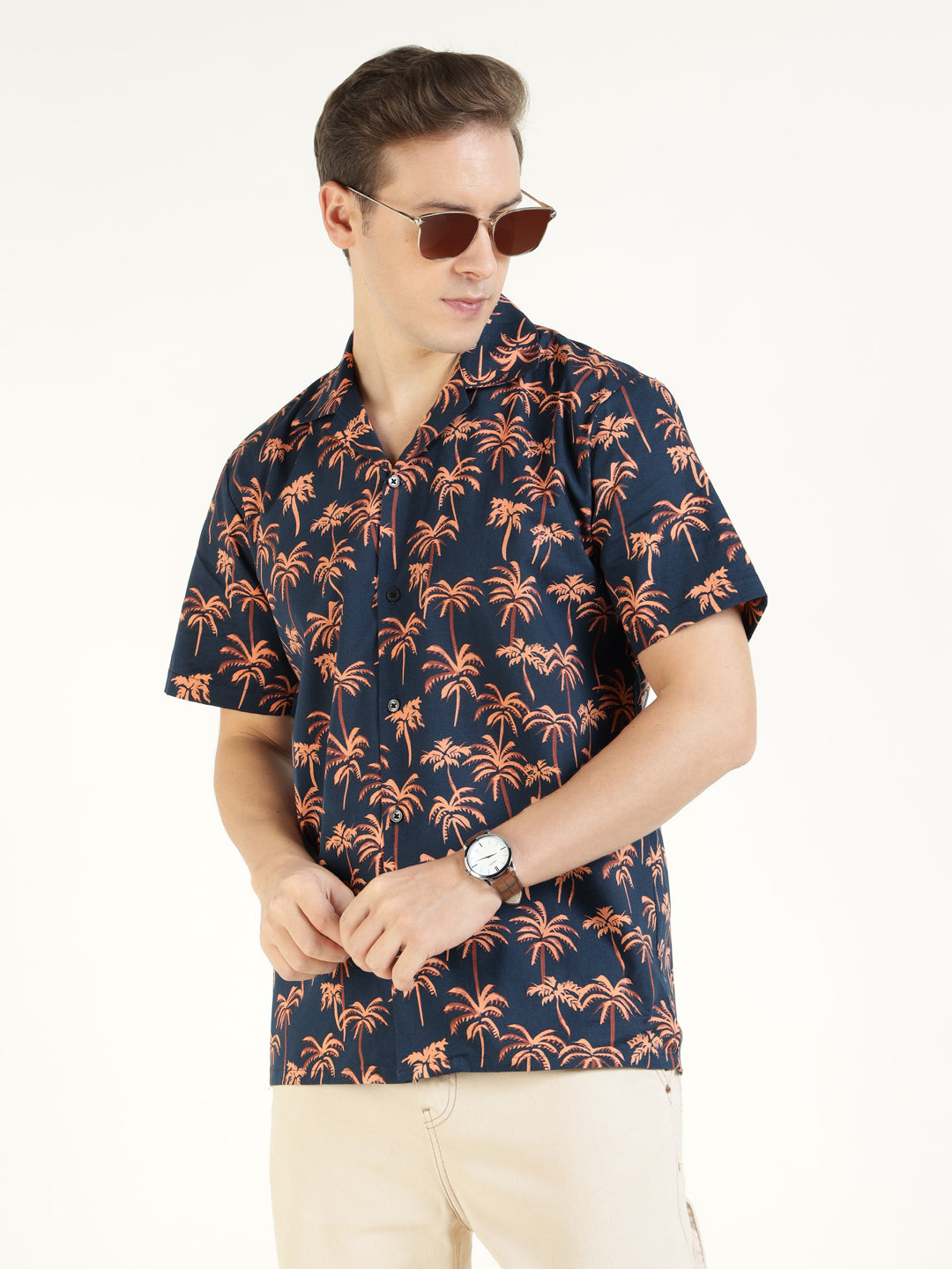 Hancock Men Blue & Peach Printed Cotton Elastene Relaxed Fit Casual Shirt