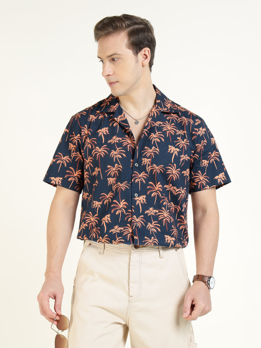 Hancock Men Blue & Peach Printed Cotton Elastene Relaxed Fit Casual Shirt