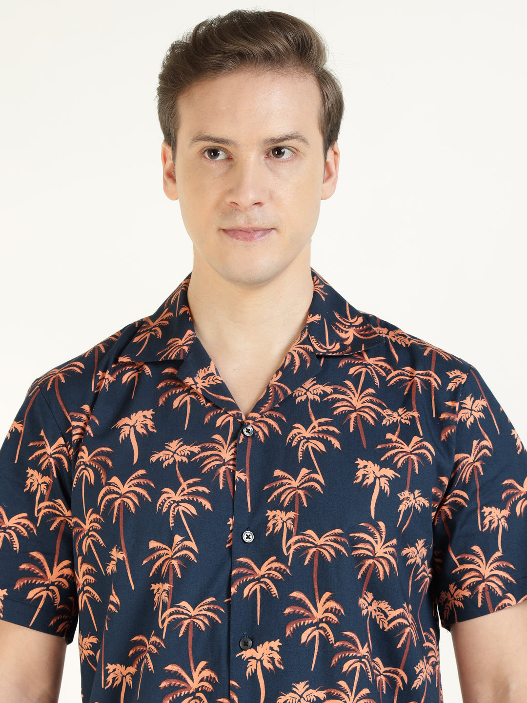 Hancock Men Blue & Peach Printed Cotton Elastene Relaxed Fit Casual Shirt