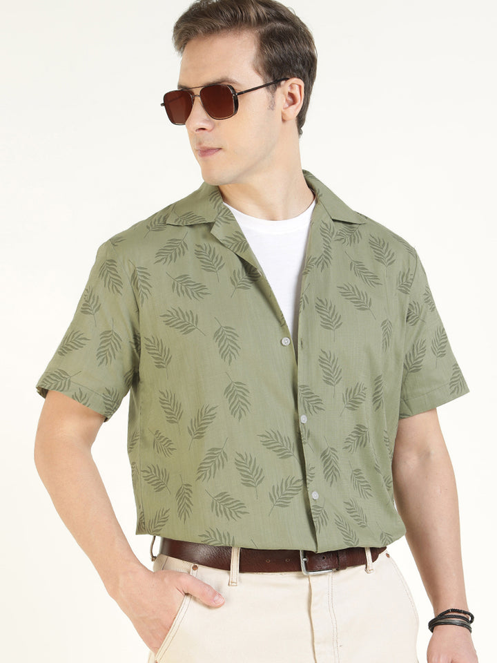 Hancock Men Olive Printed Pure Cotton Relaxed Fit Casual Shirt