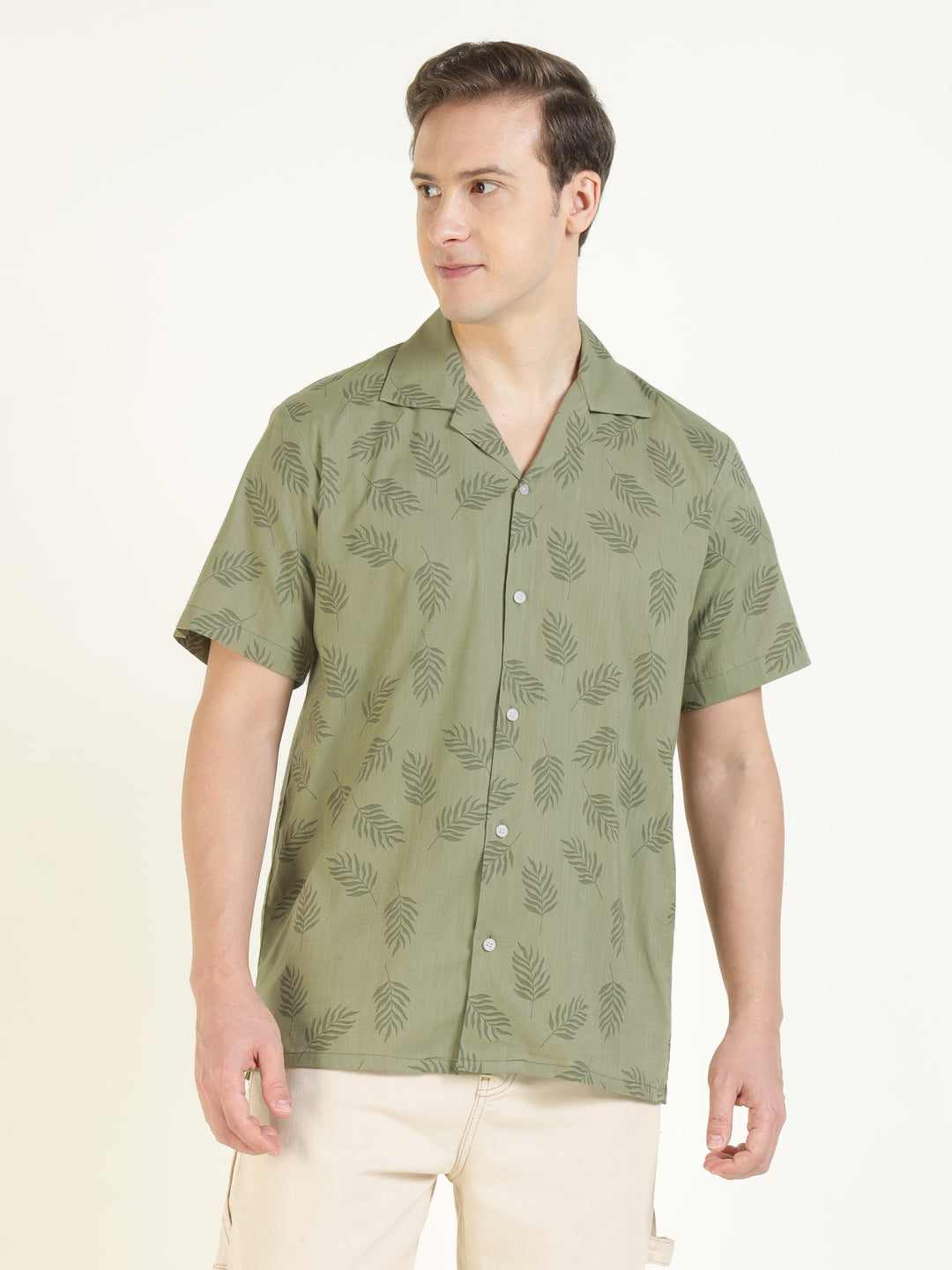 Hancock Men Olive Printed Pure Cotton Relaxed Fit Casual Shirt