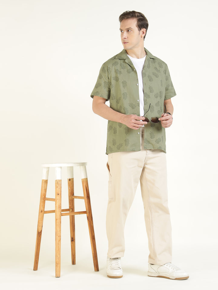Hancock Men Olive Printed Pure Cotton Relaxed Fit Casual Shirt