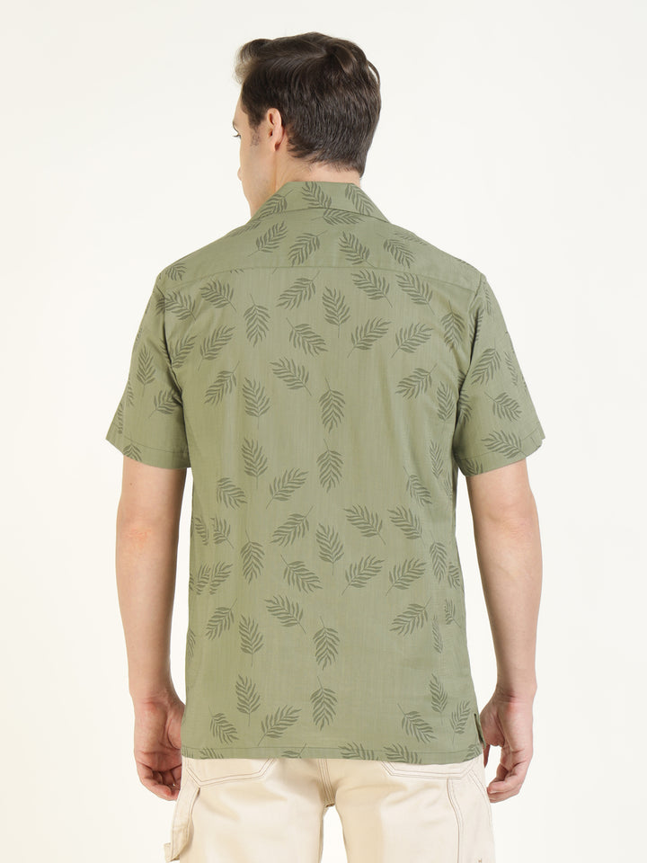 Hancock Men Olive Printed Pure Cotton Relaxed Fit Casual Shirt