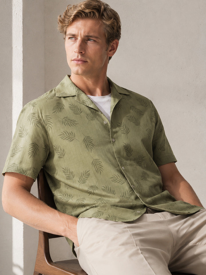 Men Olive Printed Pure Cotton Relaxed Fit Casual Shirt