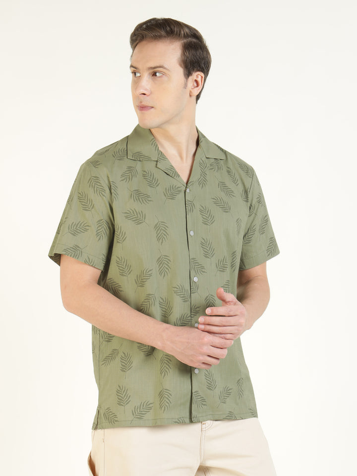 Hancock Men Olive Printed Pure Cotton Relaxed Fit Casual Shirt