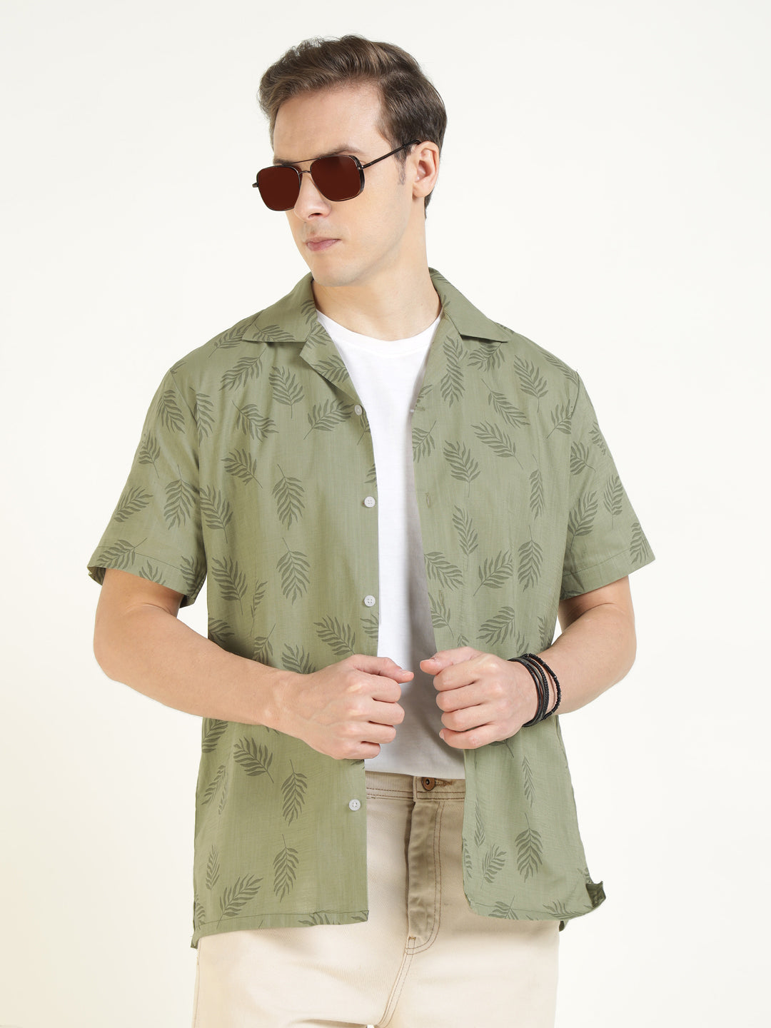 Hancock Men Olive Printed Pure Cotton Relaxed Fit Casual Shirt