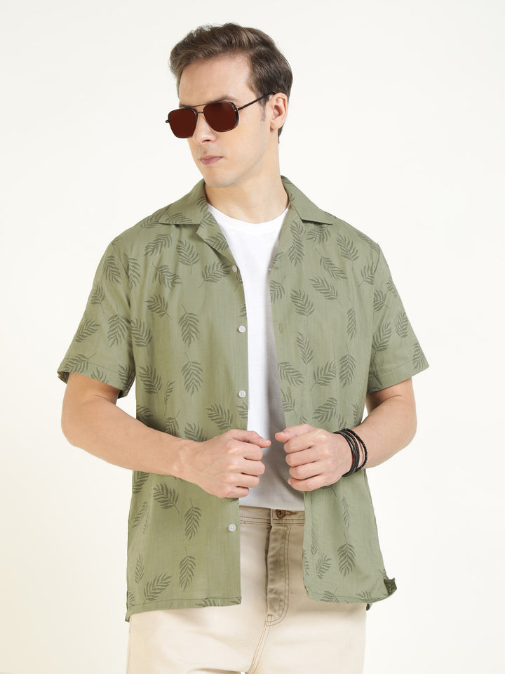 Hancock Men Olive Printed Pure Cotton Relaxed Fit Casual Shirt