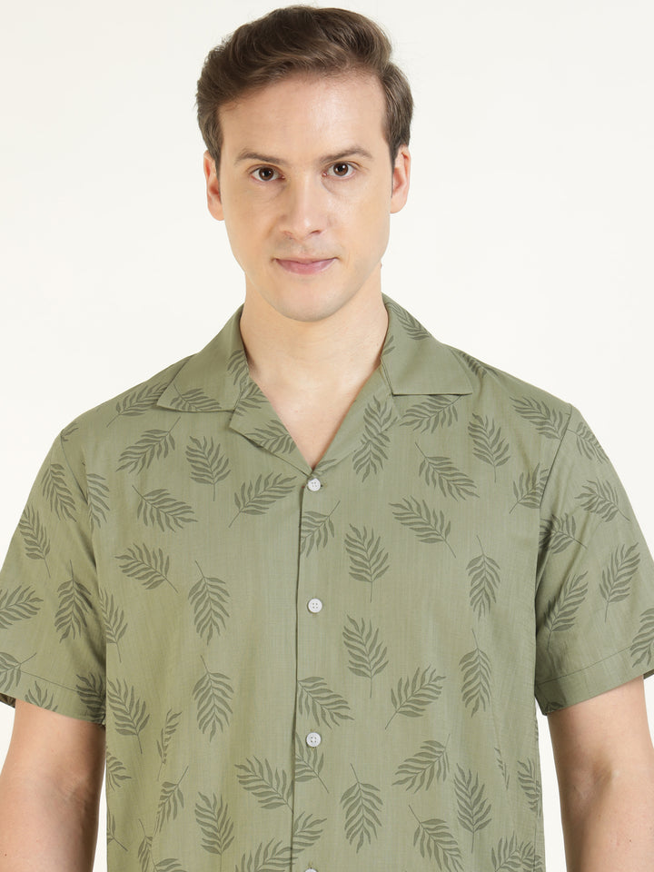 Hancock Men Olive Printed Pure Cotton Relaxed Fit Casual Shirt