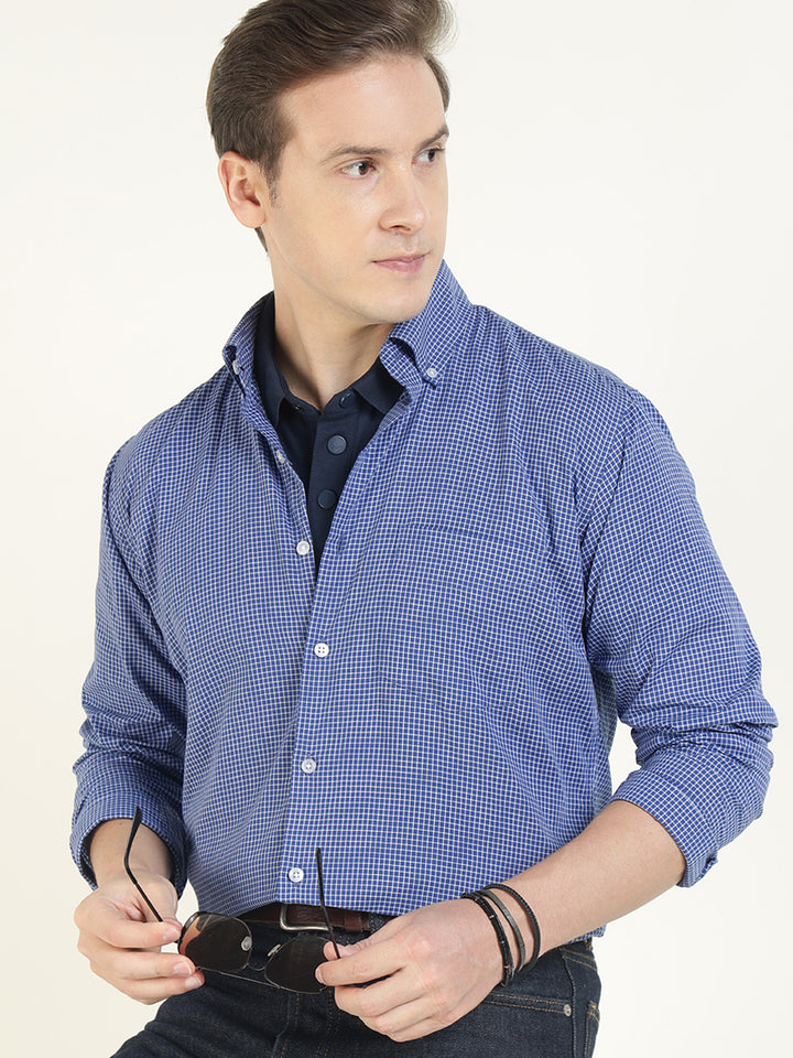 Hancock Men Blue & White Checked Pure Cotton Slim Fit Casual Shirt