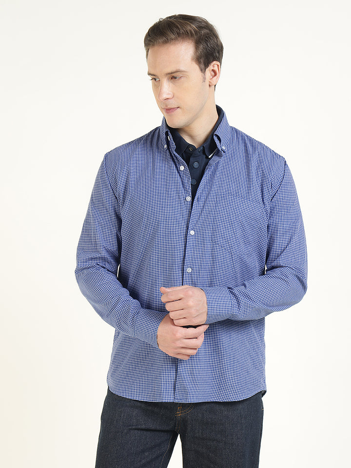 Hancock Men Blue & White Checked Pure Cotton Slim Fit Casual Shirt