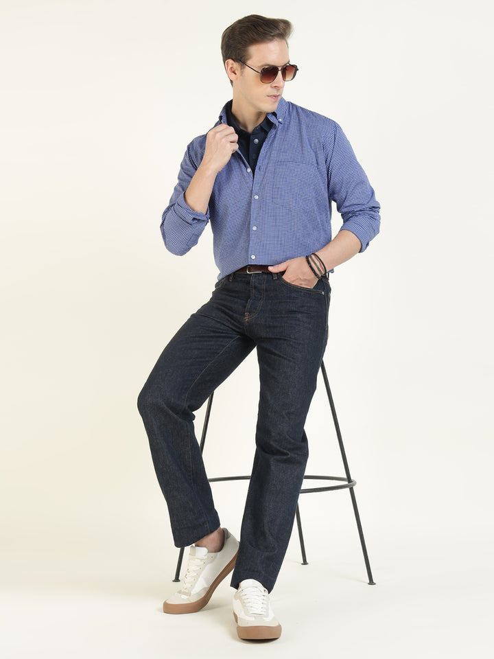 Hancock Men Blue & White Checked Pure Cotton Slim Fit Casual Shirt