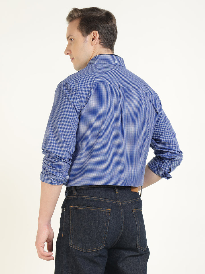 Hancock Men Blue & White Checked Pure Cotton Slim Fit Casual Shirt