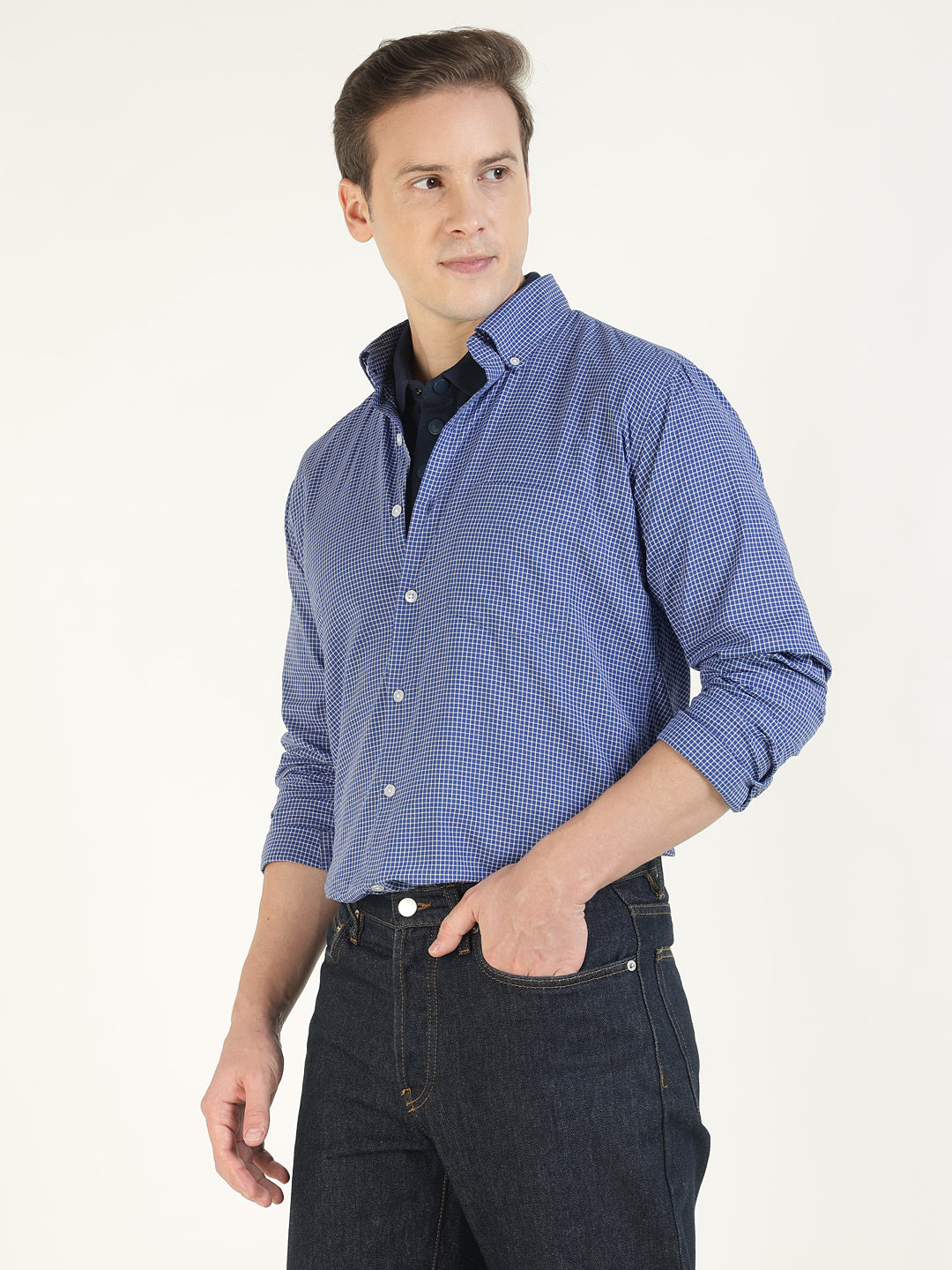 Hancock Men Blue & White Checked Pure Cotton Slim Fit Casual Shirt