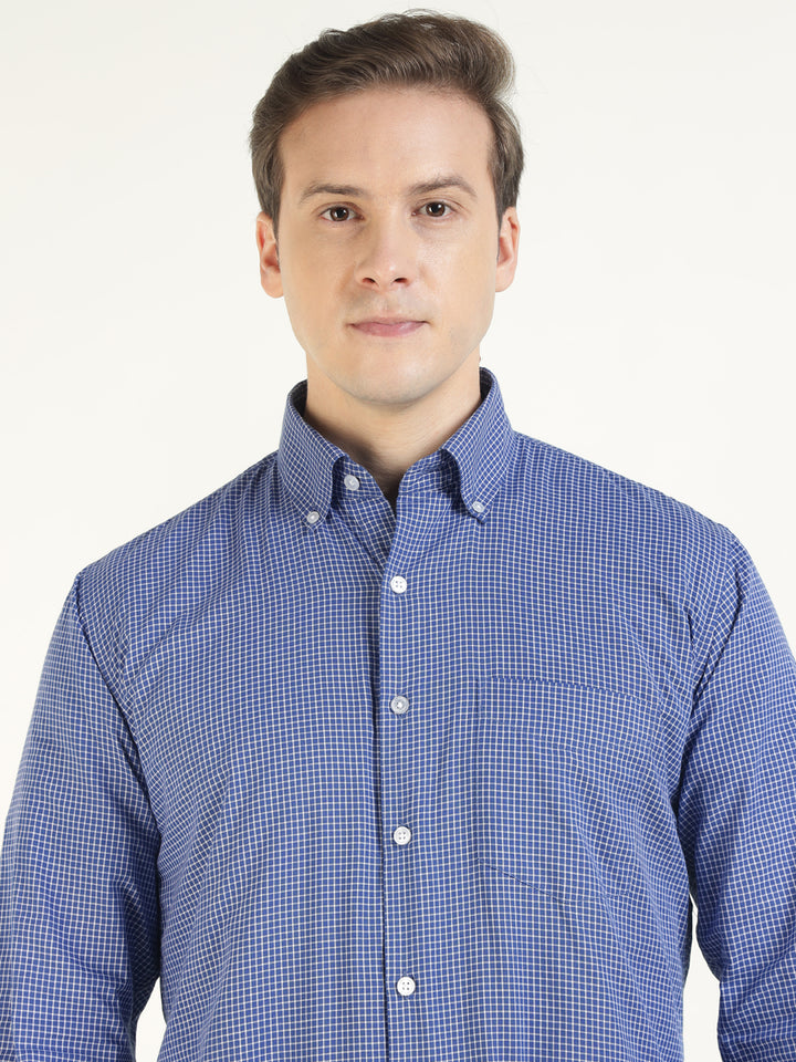 Hancock Men Blue & White Checked Pure Cotton Slim Fit Casual Shirt