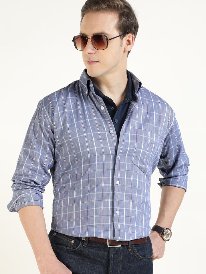 Hancock Men Blue Checked Pure Cotton Slim Fit Casual Shirt