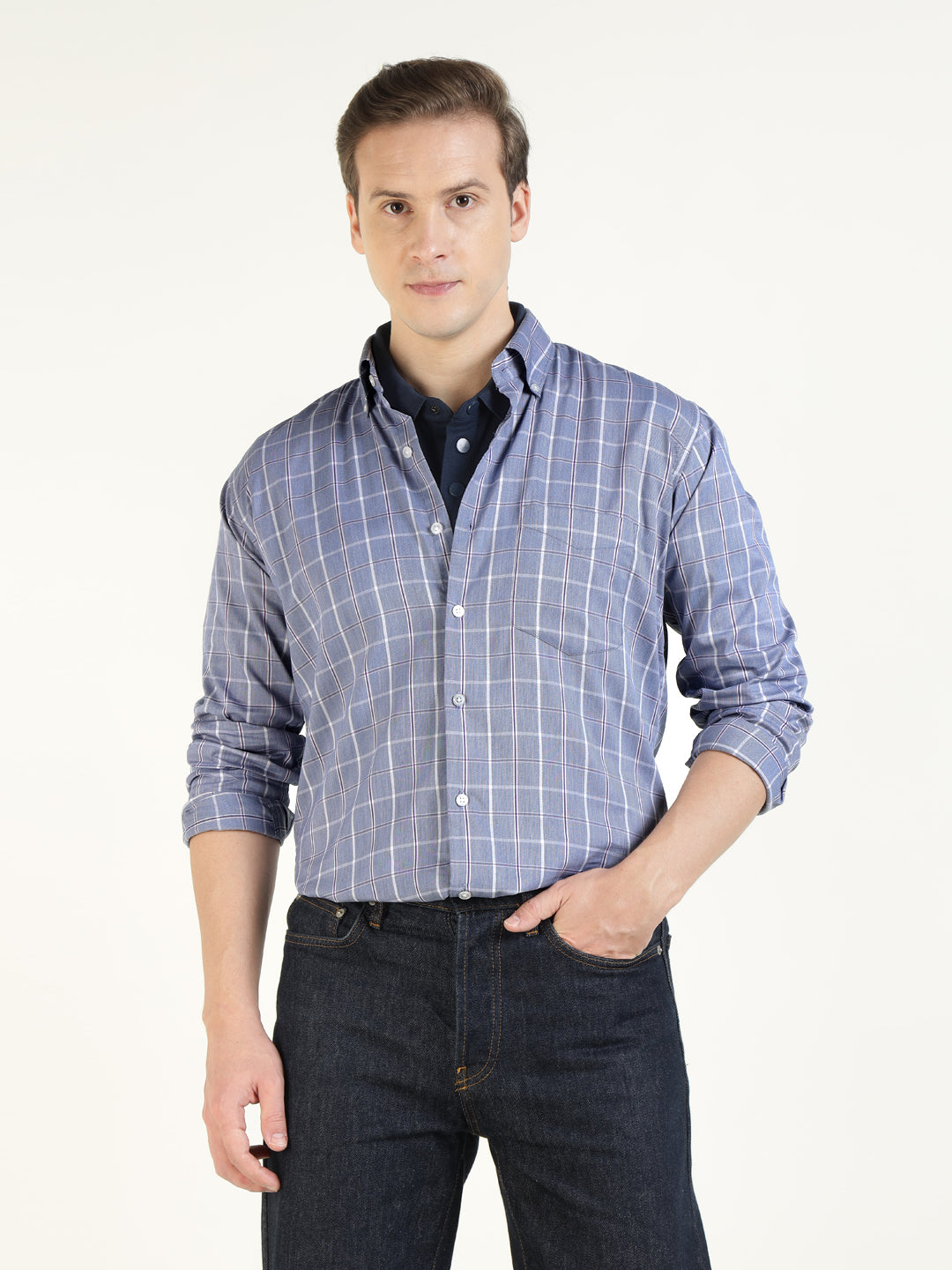 Hancock Men Blue Checked Pure Cotton Slim Fit Casual Shirt