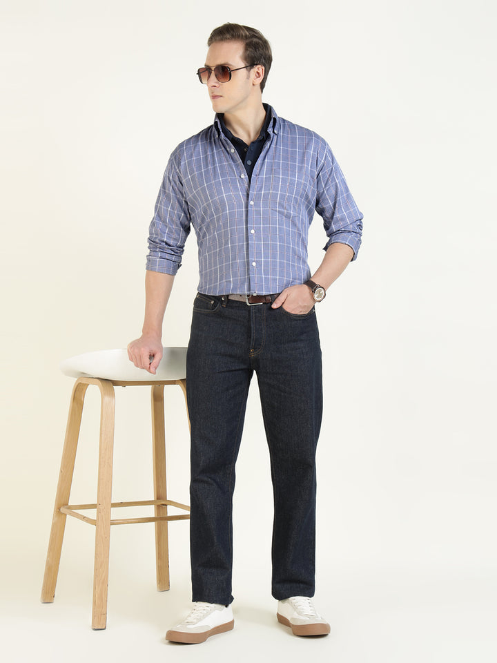 Hancock Men Blue Checked Pure Cotton Slim Fit Casual Shirt